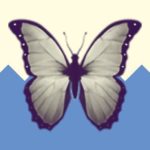 A duotoned dark purple and beige version of the Apple butterfly emoji, in front of a blue zig zag shape across the bottom