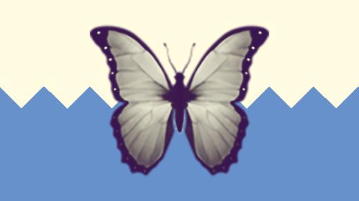 A duotoned dark purple and beige version of the Apple butterfly emoji, in front of a blue zig zag shape across the bottom