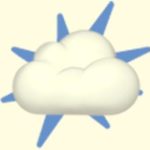 A duotoned dark purple and beige version of the Apple emoji of a cloud, in front of a blue starburst shape