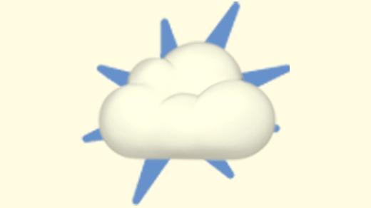 A duotoned dark purple and beige version of the Apple emoji of a cloud, in front of a blue starburst shape