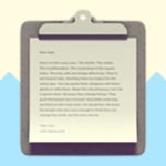 A duotoned dark purple and beige version of the Apple emoji for a clipboard, in front of a light blue zig zag shape across the bottom