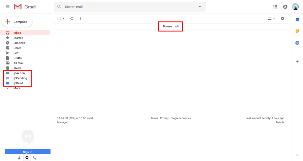 Gmail inbox with Action, Pending and Read folders... and 'No new mail!'