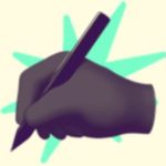 A duotoned dark purple and beige version of the Apple emoji of a hand holding a pen as if to write, in front of a bright green starburst shape
