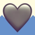 A duotoned dark purple and beige version of the Apple heart emoji, in front of a blue zig zag shape across the bottom