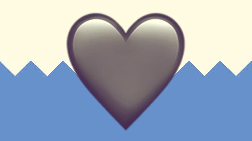 A duotoned dark purple and beige version of the Apple heart emoji, in front of a blue zig zag shape across the bottom