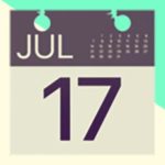 A duotoned dark purple and beige version of the Apple calendar page emoji, in front of a bright green triangle shape in the top right corner of the image