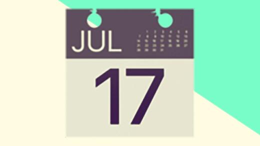 A duotoned dark purple and beige version of the Apple calendar page emoji, in front of a bright green triangle shape in the top right corner of the image
