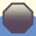 A duotoned dark purple and beige version of the Apple emoji for 'stop sign', in front of a light blue zig zag shape across the bottom