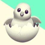 A duotoned dark purple and beige version of the Apple 'hatching chick' emoji, in front of a bright green triangle shape in the top right corner of the image
