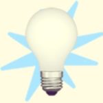 A duotoned dark purple and beige version of the Apple emoji of a light bulb, in front of a light blue starburst shape