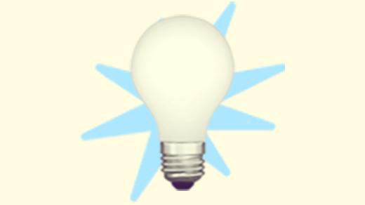 A duotoned dark purple and beige version of the Apple emoji of a light bulb, in front of a light blue starburst shape