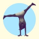A duotoned dark purple and beige version of the Apple 'woman cartwheeling' emoji, in front of a light blue circle