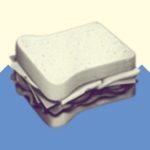 A duotoned dark purple and beige version of the Apple sandwich emoji, in front of a blue zig zag shape across the bottom