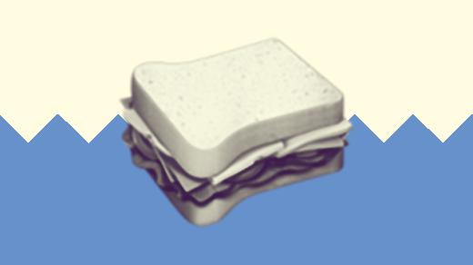 A duotoned dark purple and beige version of the Apple sandwich emoji, in front of a blue zig zag shape across the bottom