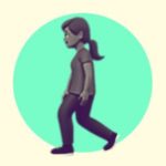A duotoned dark purple and beige version of the Apple 'woman walking' emoji, in front of a bright green circle