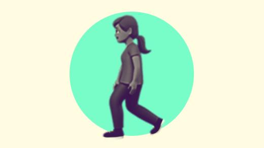 A duotoned dark purple and beige version of the Apple 'woman walking' emoji, in front of a bright green circle