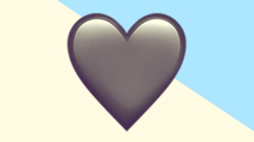 A duotoned dark purple and beige version of the Apple heart emoji, in front of a light blue triangle shape in the top right corner of the image