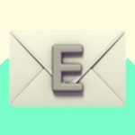 A duotoned dark purple and beige version of the Apple email emoji (showing an 'E' on an envelope), in front of a bright green zig zag shape across the bottom