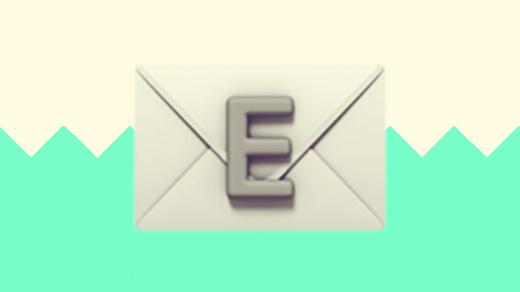 A duotoned dark purple and beige version of the Apple email emoji (showing an 'E' on an envelope), in front of a bright green zig zag shape across the bottom