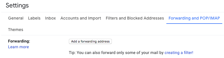 Screenshot of Gmail Settings page on the 'Forwarding and POP/IMAP tab' showing the button to 'Add a forwarding address'