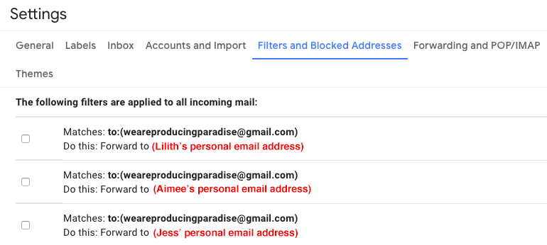 Screenshot of Gmail Settings page on the 'Filters and Blocked Addresses' tab saying 'The following filters are applied to all incoming mail:' then 'Matches: to:(weareproducingparadise@gmail.com) Do this: Forward to (Lilith's personal email address)'