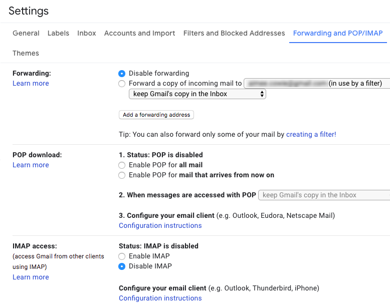 Screenshot of Gmail Settings page on the 'Forwarding and POP/IMAP tab' showing the checkbox selected for 'Disable forwarding'