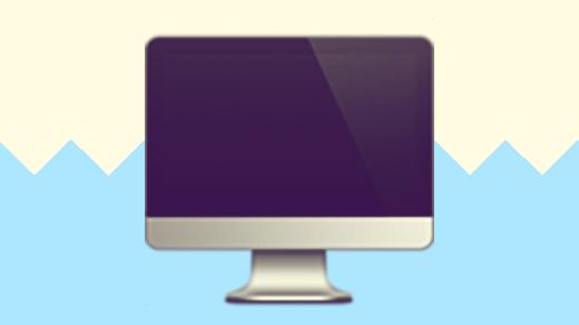 A duotoned dark purple and beige version of the Apple 'desktop computer' emoji (which looks like an Apple iMac), in front of a light blue zig zag shape across the bottom