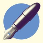 A duotoned dark purple and beige version of the Apple 'ink pen' emoji, in front of a blue circle