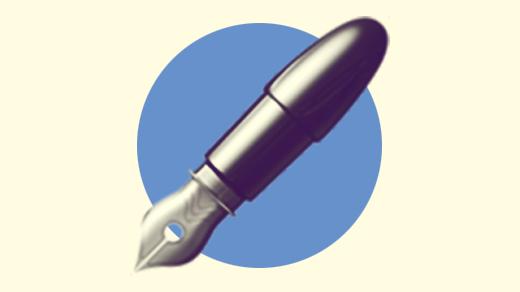 A duotoned dark purple and beige version of the Apple 'ink pen' emoji, in front of a blue circle