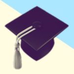 A duotoned dark purple and beige version of the Apple graduation cap emoji, in front of a light blue triangle shape in the top right corner of the image