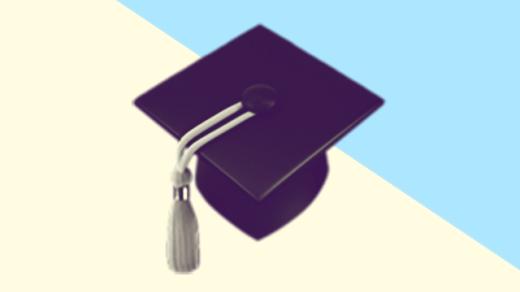 A duotoned dark purple and beige version of the Apple graduation cap emoji, in front of a light blue triangle shape in the top right corner of the image