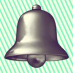 A duotoned dark purple and beige version of the Apple bell emoji, in front of a bright green striped background