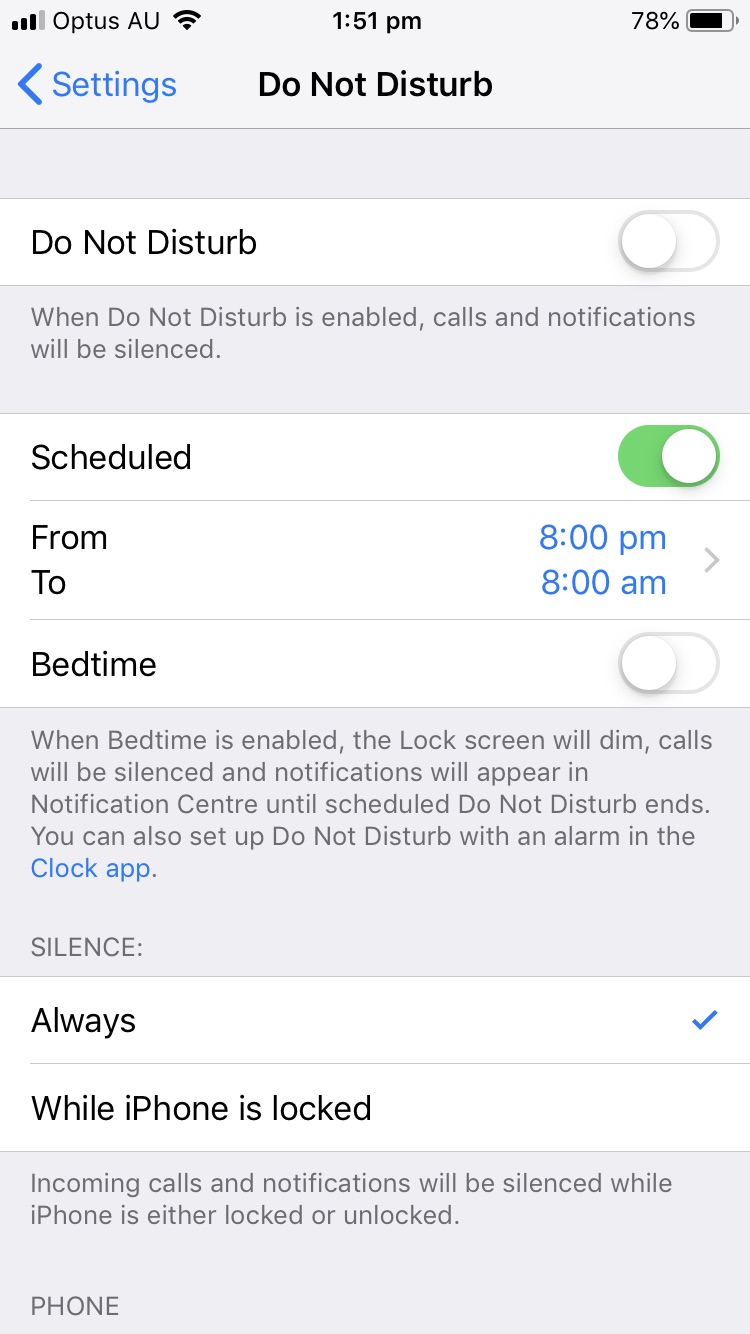 Screenshot of an iPhone settings page showing Do Not Disturb mode scheduled from 8pm to 8am