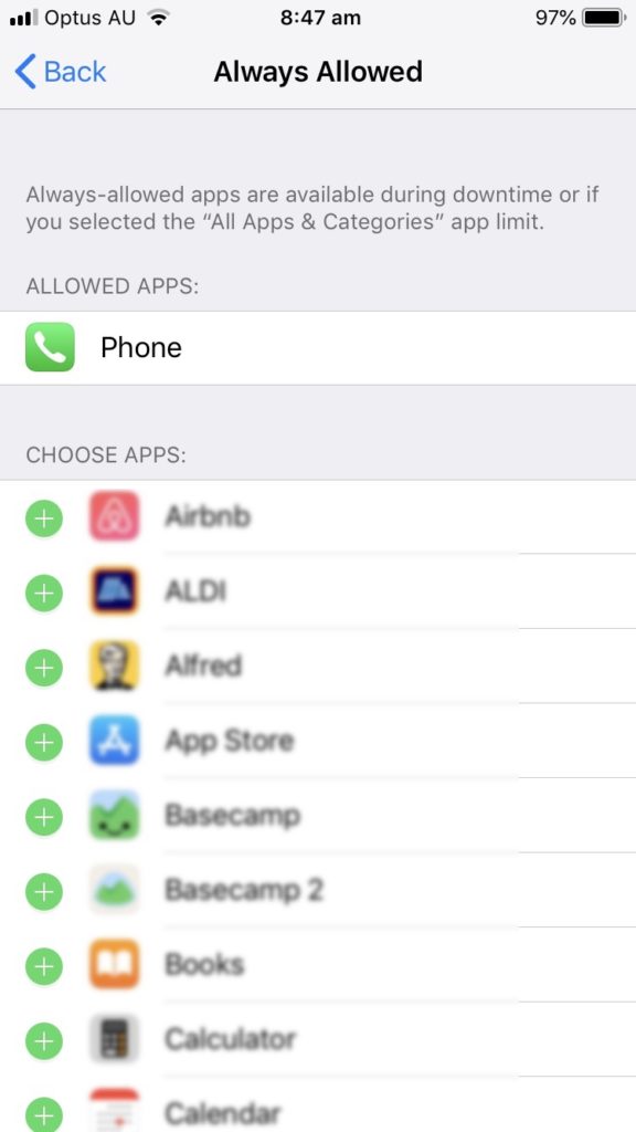 Screenshot of an iPhone settings page showing 'Always allowed' and a list of applications