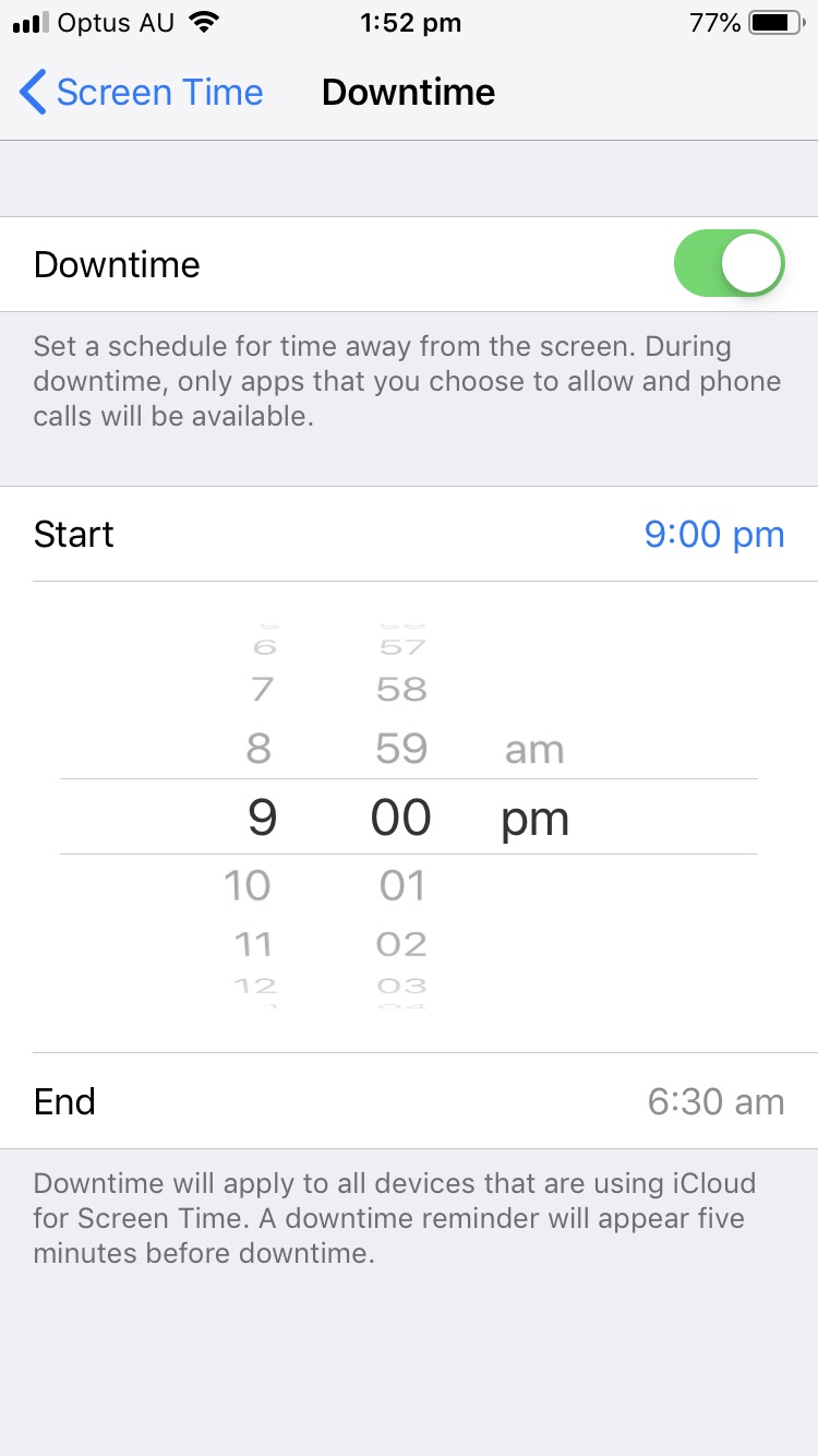 Screenshot of an iPhone settings page showing 'Downtime' set to start at 9pm