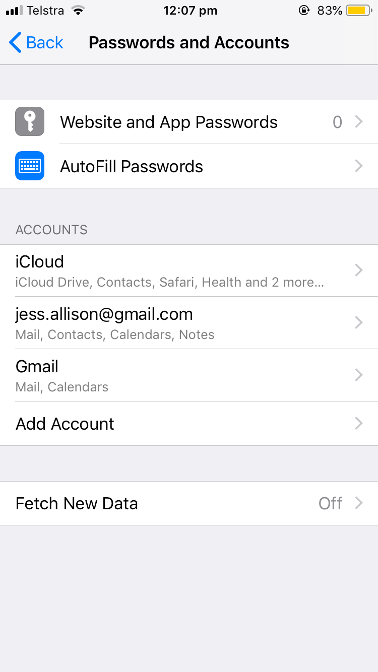 Screenshot of iPhone email account settings page showing 'Fetch New Data' set to 'Off'