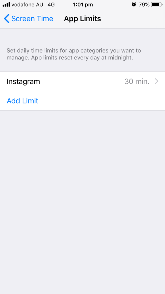 Screenshot of an iPhone Screen Time app limits settings page showing Instagram set to 30 min