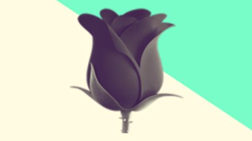 A duotoned dark purple and beige version of the Apple rose emoji, in front of a bright green triangle shape in the top right corner of the image