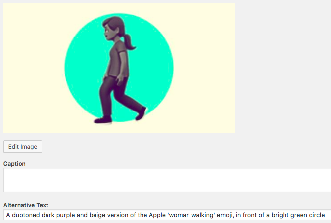 Screenshot of an image with 'alternative text' field below which describes it: "A duotoned dark purple and beige version of the Apple 'woman walking' emoji, in front of a bright green circle"