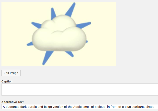 Screenshot of an image with 'alternative text' field below which describes it: "A duotoned dark purple and beige version of the Apple emoji of a cloud, in front of a blue starburst shape"