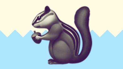 A duotoned dark purple and beige version of the Apple chipmunk emoji, in front of a light blue zig zag shape across the bottom
