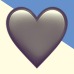 A duotoned dark purple and beige version of the Apple heart emoji, in front of a blue triangle shape in the top right corner of the image