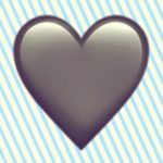 A duotoned dark purple and beige version of the Apple heart emoji, in front of a light blue striped background