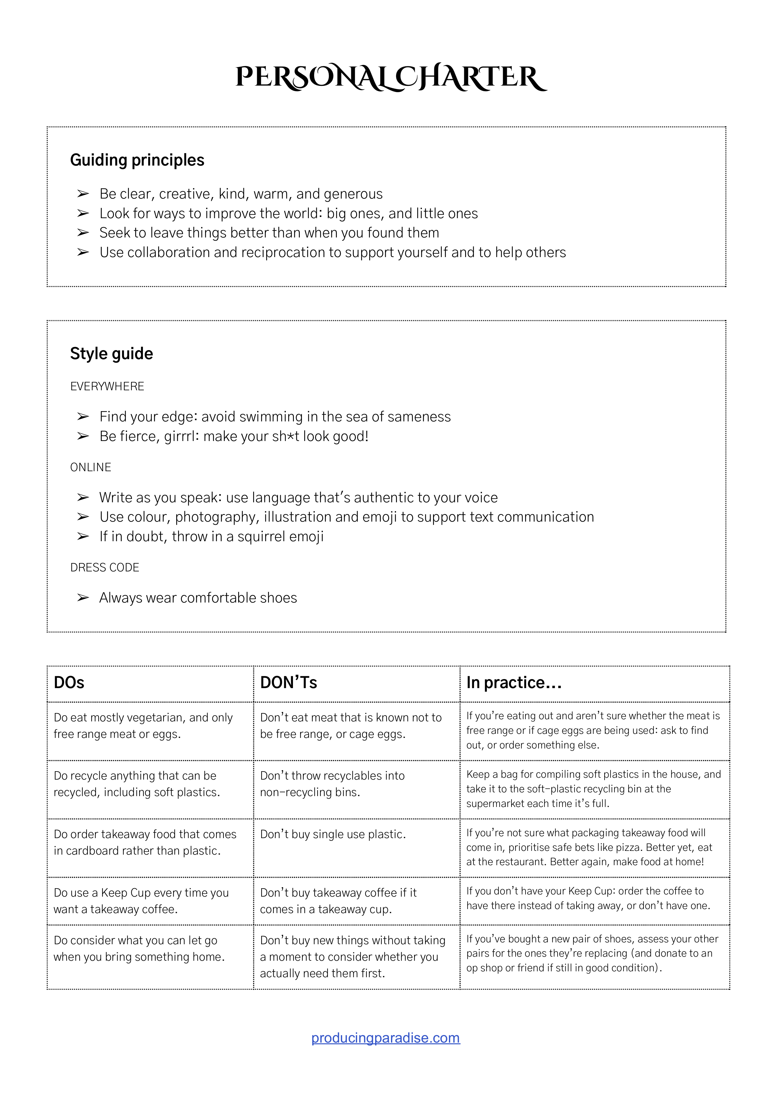 Screenshot of a document titled 'Personal Charter' filled out with guiding principles, style guide and a Dos and Don'ts section