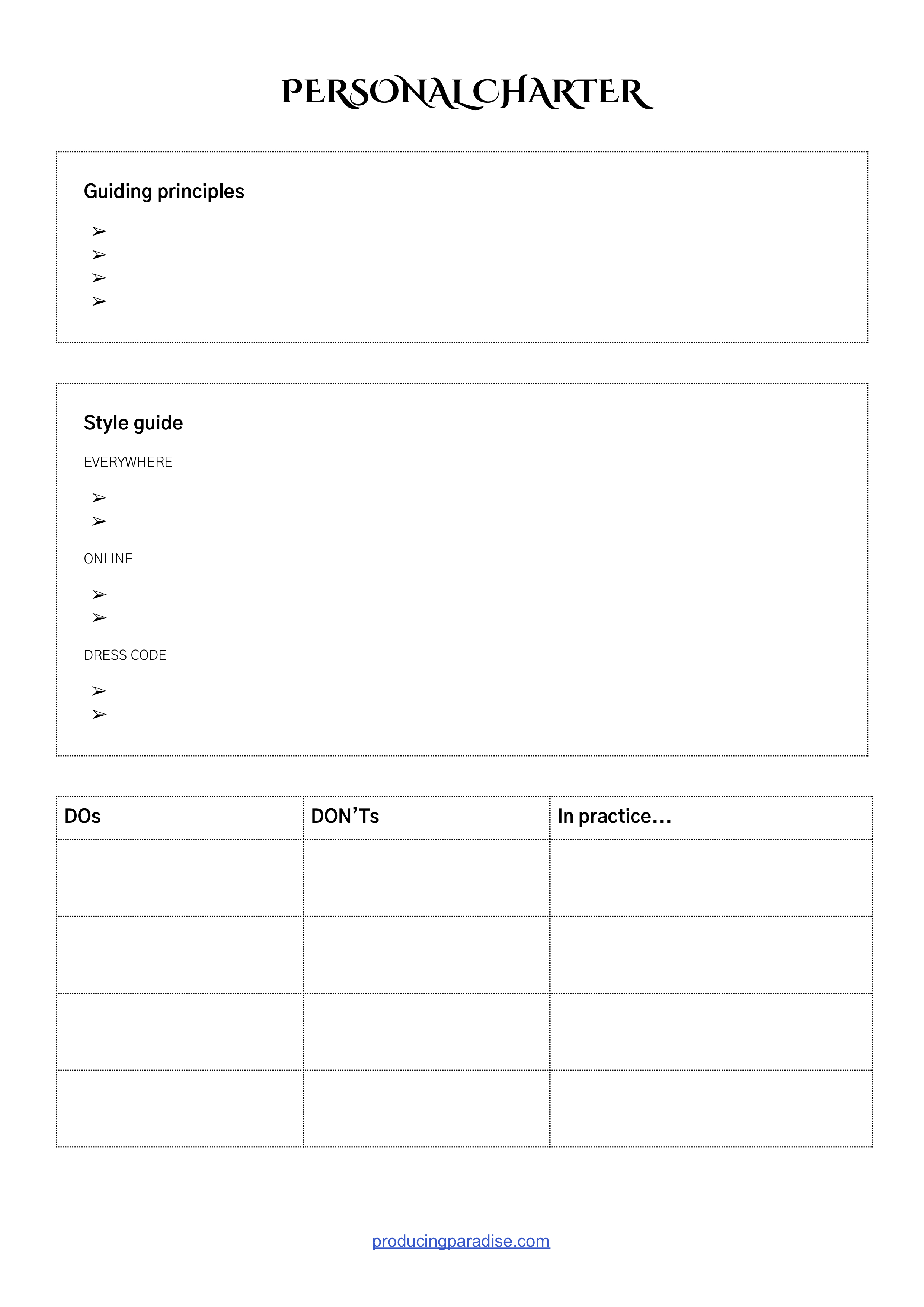 Screenshot of a document titled 'Personal Charter' with blank sections ready to fill out for guiding principles, style guide, and Dos and Don'ts