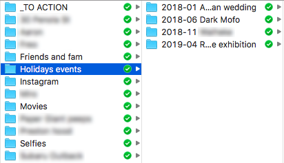 Screenshot of a Finder window, showing a list of folders. The 'Holidays events' folder has been selected, which has subfolders such as '2018-06 Dark Mofo' and '2019-04 Rone exhibition'