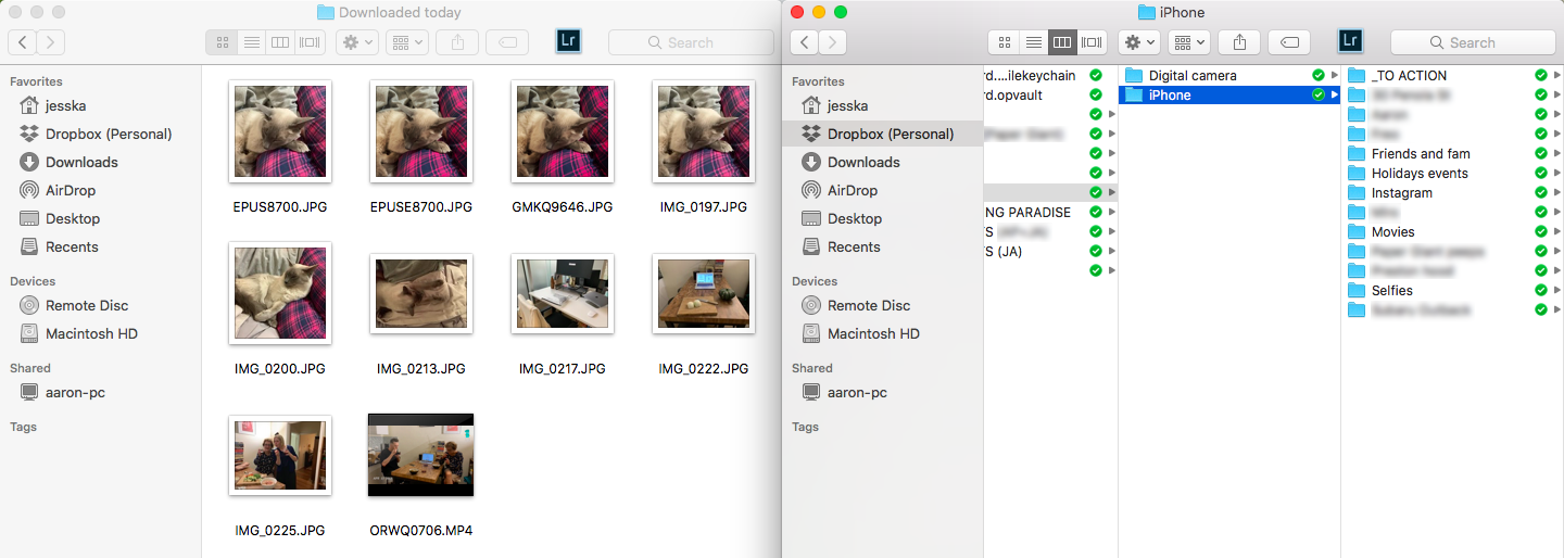 Screenshot of two side-by-side Finder windows. The one on the left ('Downloaded today') is showing photo thumbnails, and the one on the right ('iPhone') is showing a list of folders such as '_TO ACTION', 'Friends and fam' and 'Holidays events'