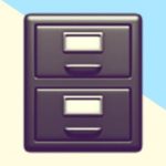 A duotoned dark purple and beige version of the Apple 'filing cabinet' emoji, in front of a light blue triangle shape in the top right corner of the image