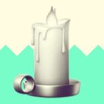 A duotoned dark purple and beige version of the Apple 'candle' emoji, in front of a bright green zig zag shape across the bottom of the image