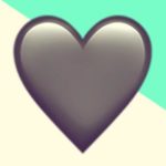 A duotoned dark purple and beige version of the Apple heart emoji, in front of a bright green triangle across the top right corner